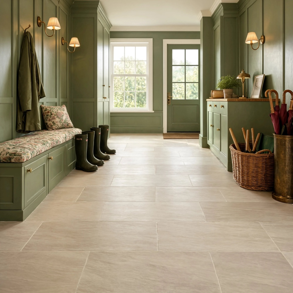 Beige honed travertine floor tile in a sage green mudroom entryway for New Jersey homes.