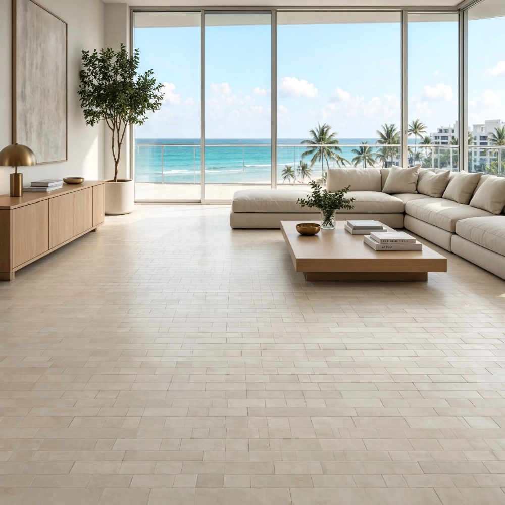 Ivory beige honed travertine tile flooring in a modern luxury Miami oceanfront living room.