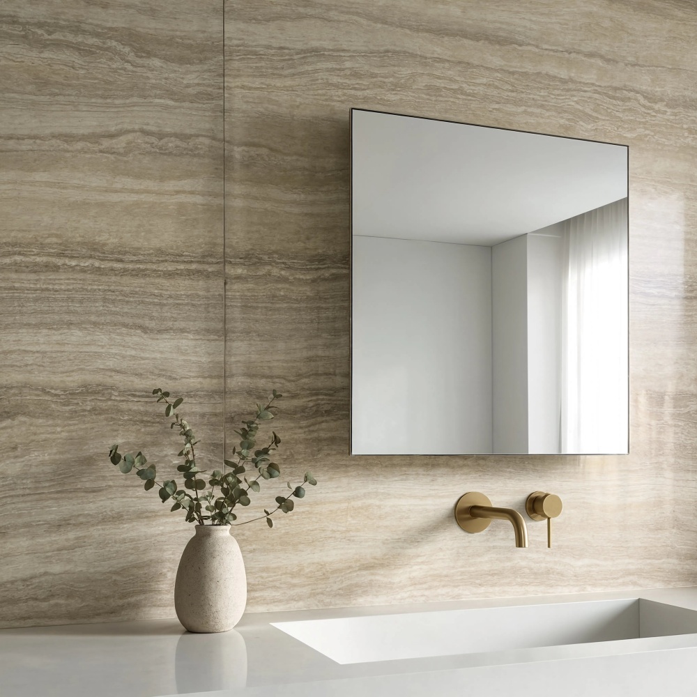Beige vein cut honed travertine wall slab in a Miami luxury bathroom.