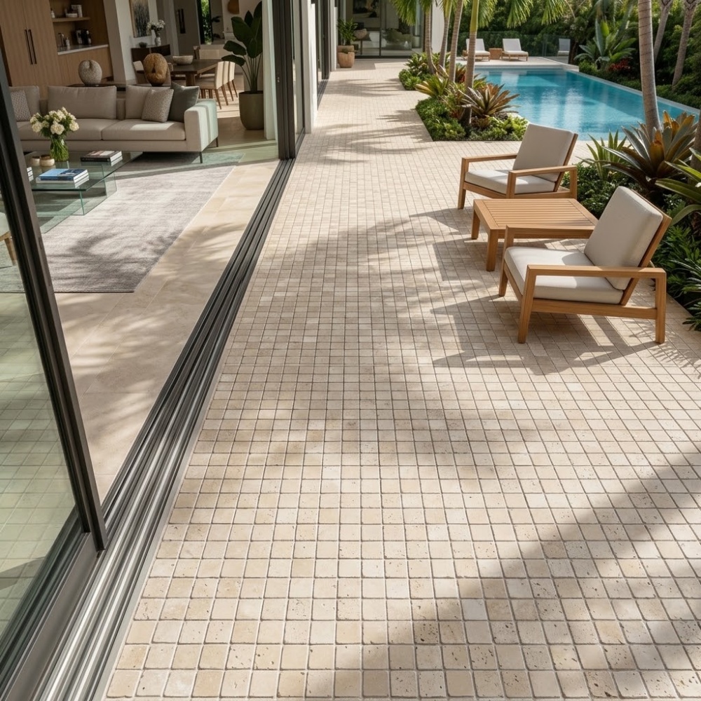 Beige tumbled travertine mosaic tile paving on a outdoor patio and pool deck in Miami.
