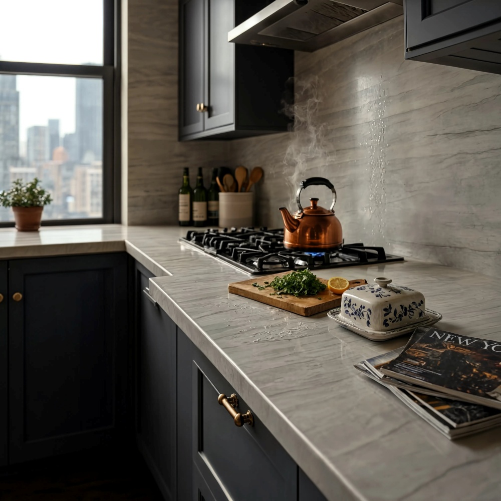Modern NYC apartment kitchen featuring Bianco polished quartzite countertop slabs.
