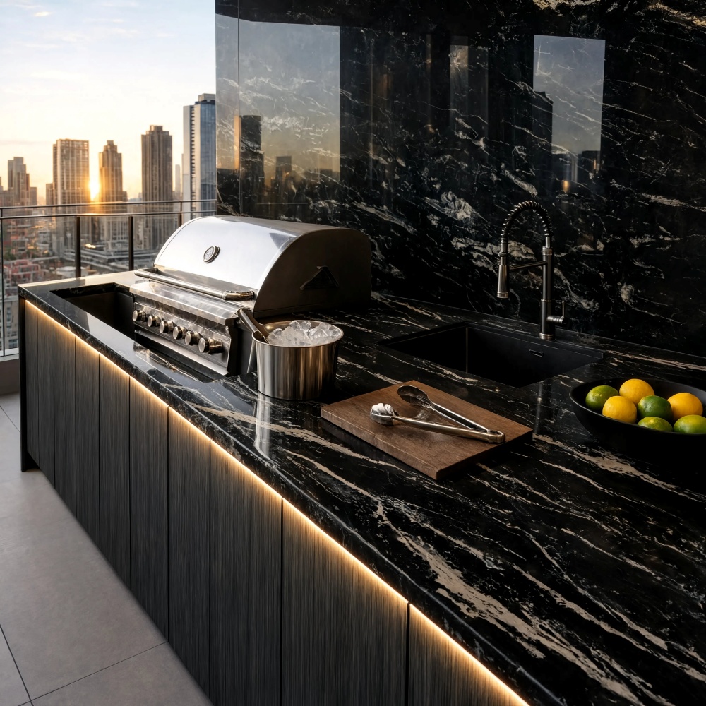 Luxury NYC rooftop outdoor kitchen featuring Black polished granite countertop slabs.