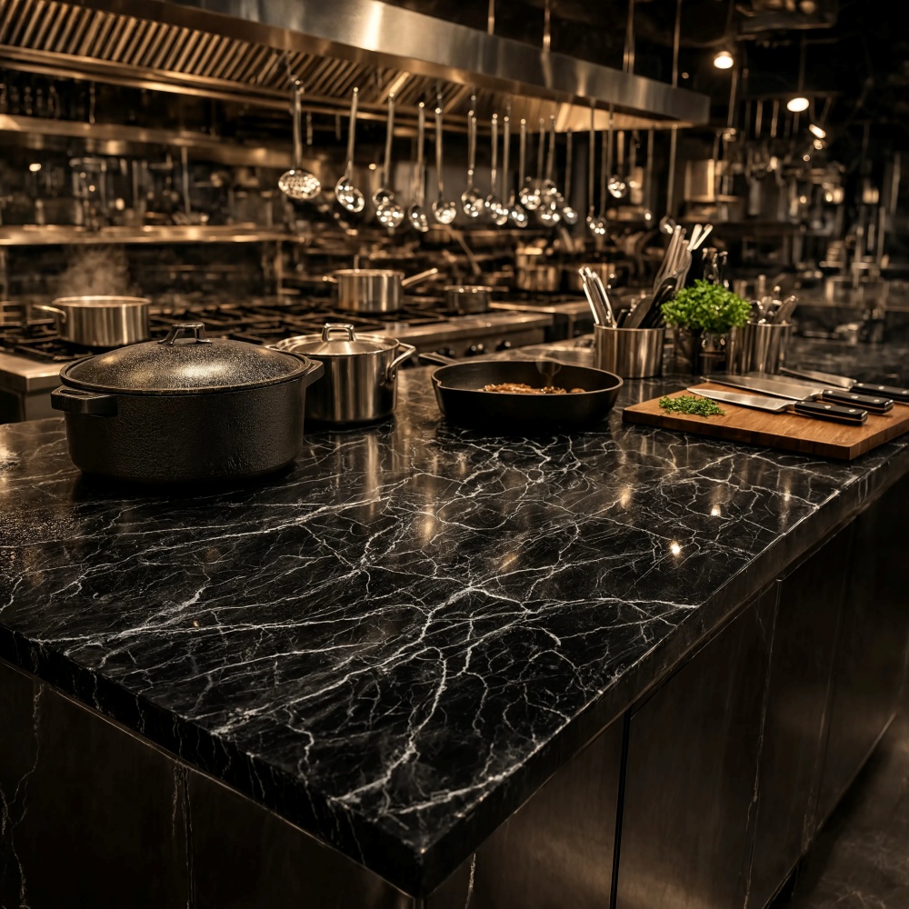 NYC commercial style kitchen featuring a Black polished quartzite island countertop slab.