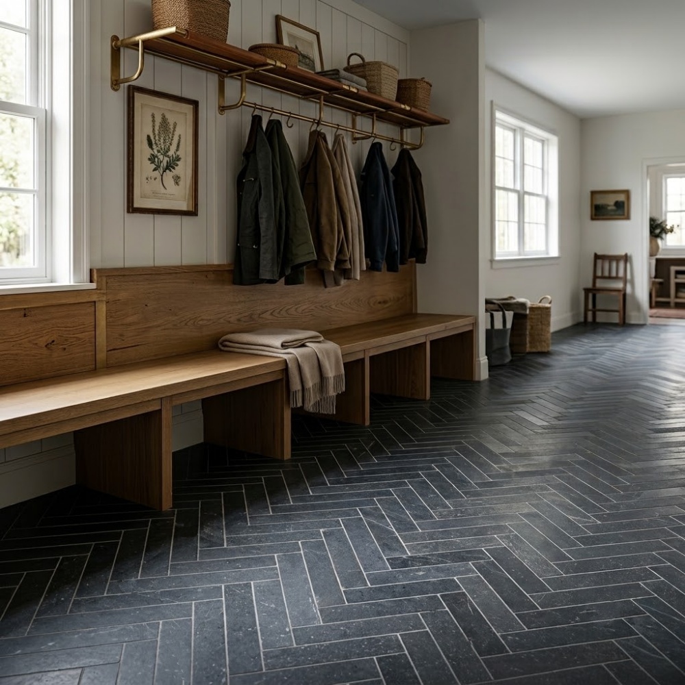 Blue honed subway limestone floor tile in a herringbone pattern for a New Jersey home mudroom.
