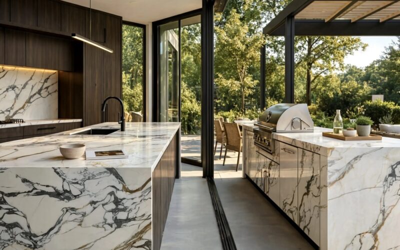 Calacatta porcelain slab kitchen island and outdoor kitchen countertops in a Fairfax home.