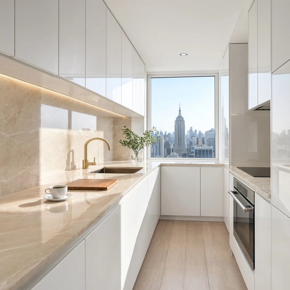 Modern NYC apartment galley kitchen featuring Crema polished marble countertop slabs.