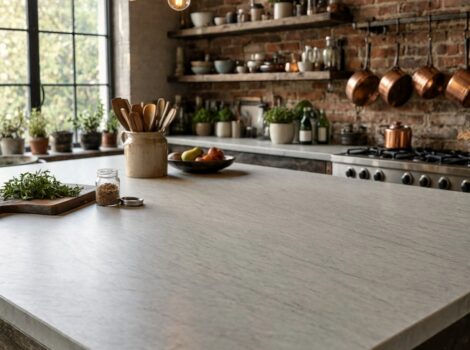 Honed light gray limestone slab kitchen island countertop in a modern anaheim kitchen.