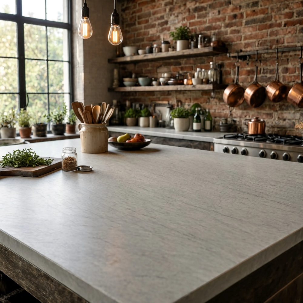 Honed light gray limestone slab kitchen island countertop in a modern anaheim kitchen.