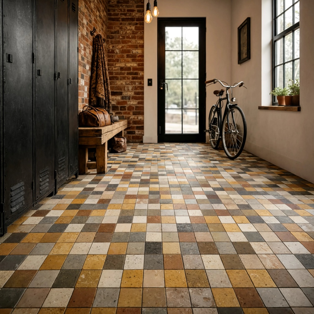 Multi-finish limestone mosaic floor tile in an industrial-style mudroom for New Jersey homes.