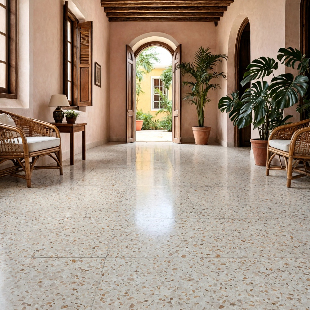 Polished beige terrazzo floor tiles in a tropical Puerto Rico entryway with arched doorways and wicker furniture.