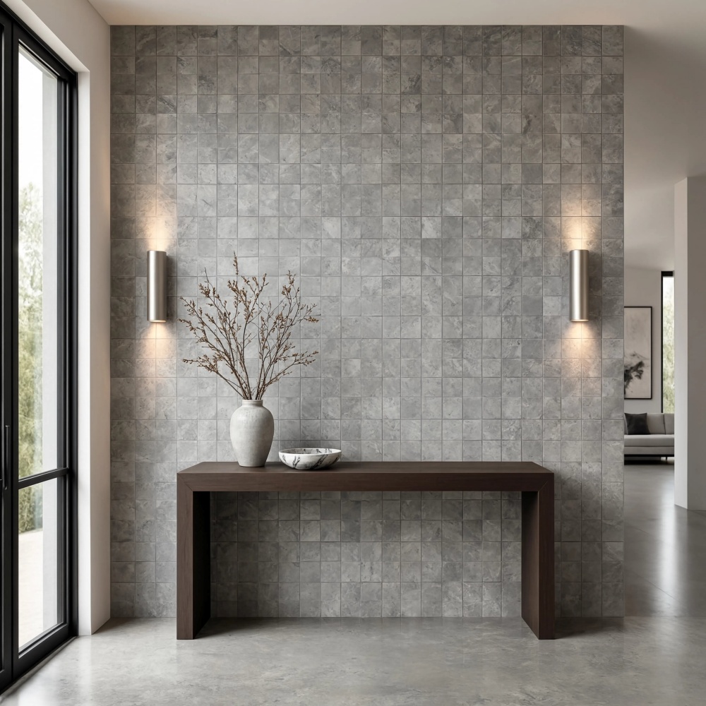 Silverado honed grey travertine tile feature wall in a modern Miami entryway foyer.