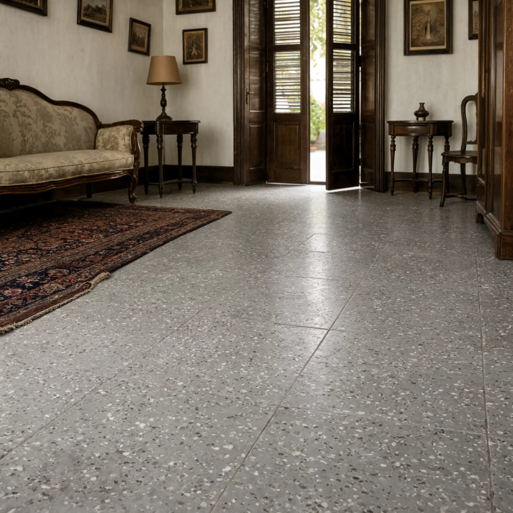 Grey terrazzo floor tiles with speckled aggregate in a classic living room in Puerto Rico.