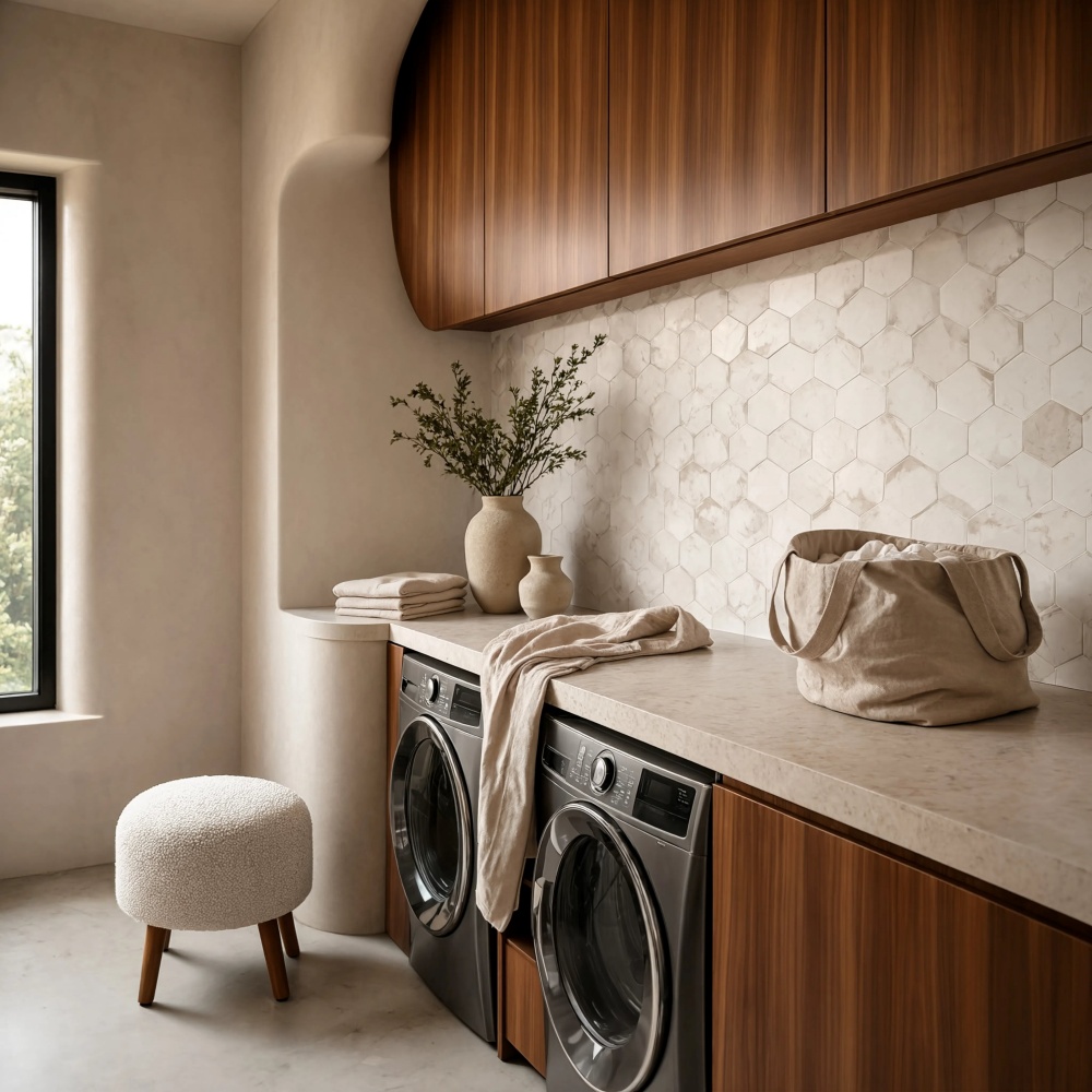 White and gold hexagon marble look porcelain mosaic tile backsplash in a laundry room.