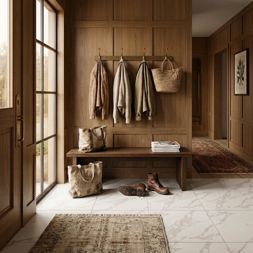 White matte porcelain floor tile with marble veining installed in a mudroom entryway.