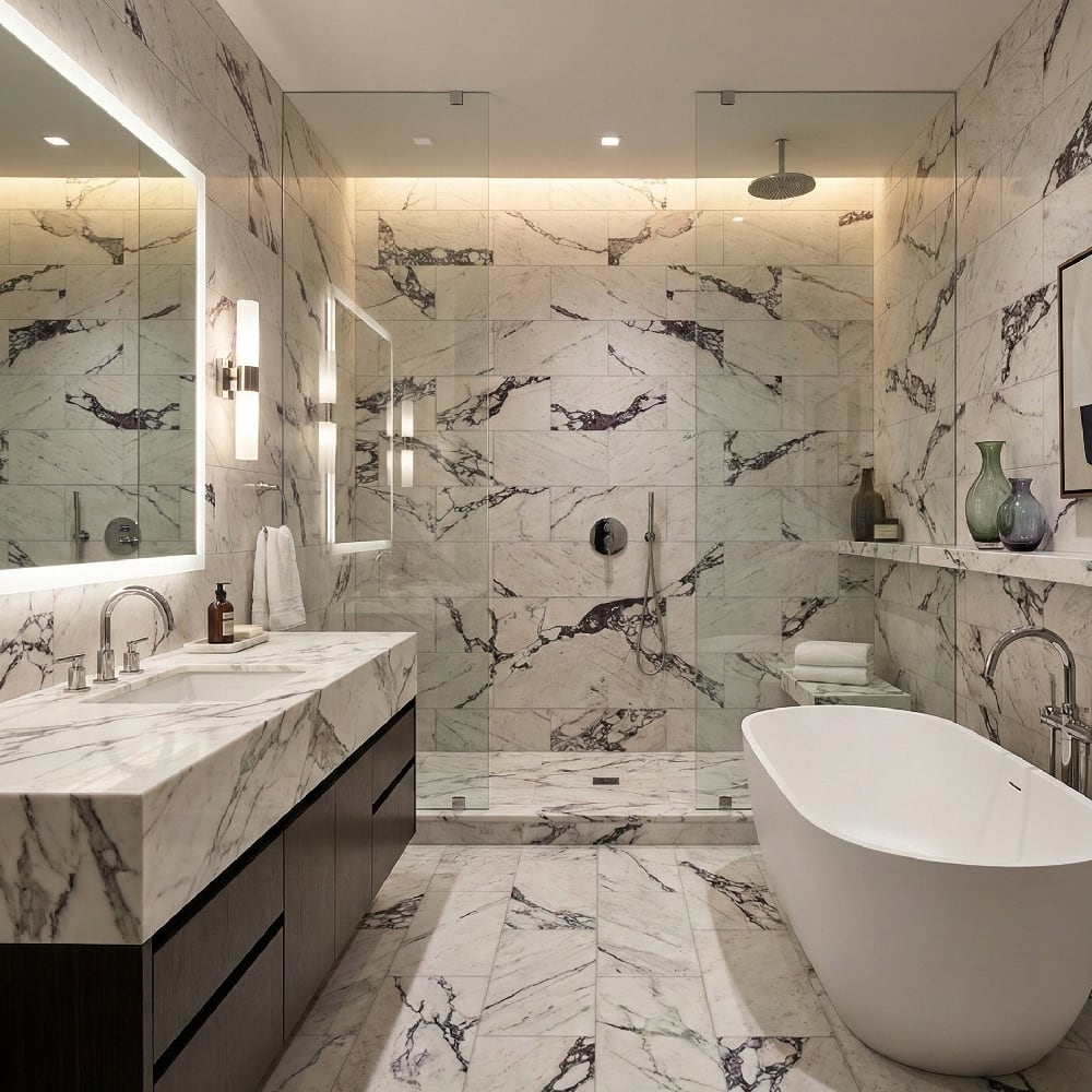 Calacatta viola marble tile in 12x24 honed format covering full bathroom walls, shower walls and floor in herringbone layout, integrated marble vanity top, backlit mirror with wall sconces, freestanding soaking tub and frameless glass shower enclosure