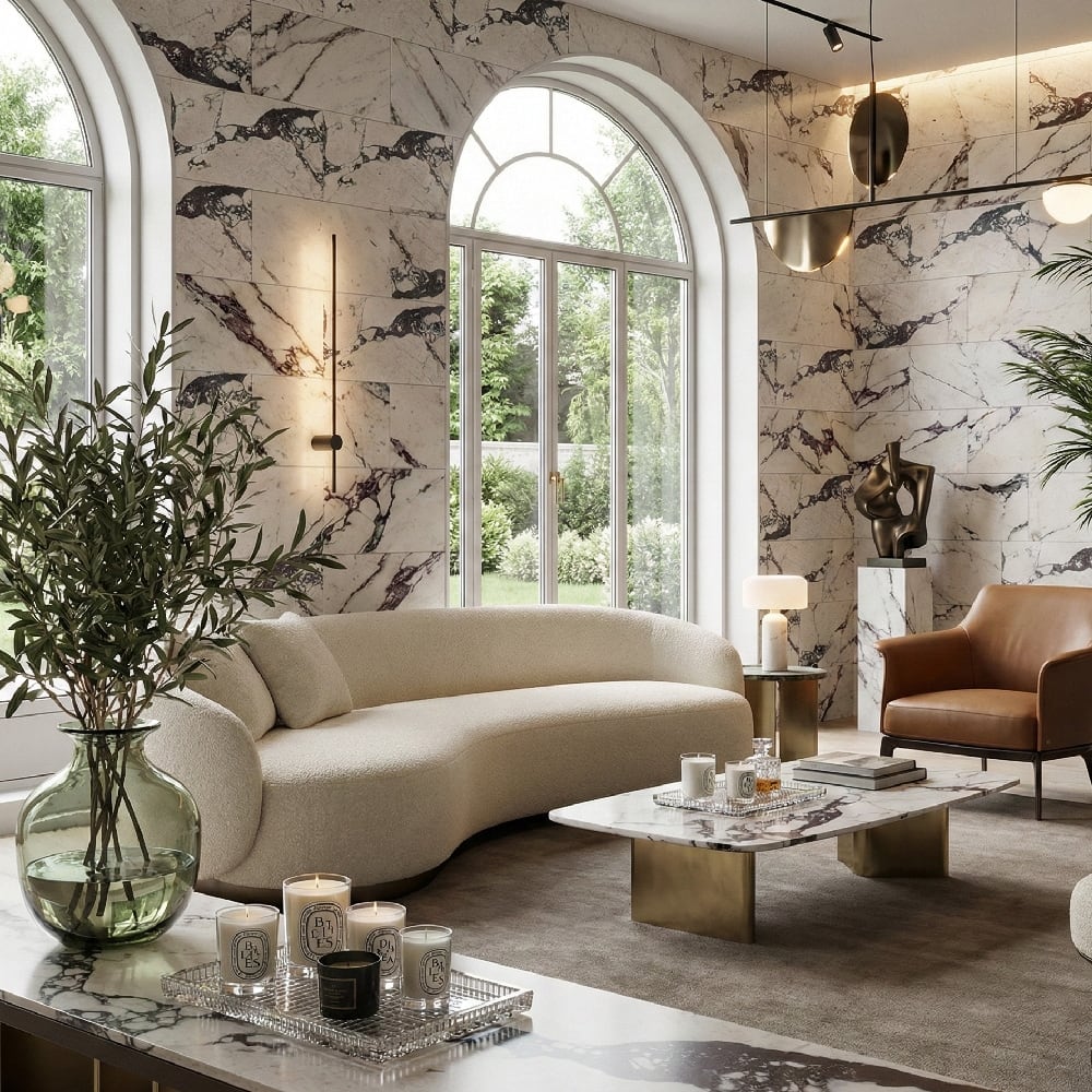 Calacatta viola marble tile covering full living room wall in large format honed finish with dramatic burgundy and dark veining, floor to ceiling arched windows, curved bouclé sofa, brass pendant light and calacatta viola marble coffee table