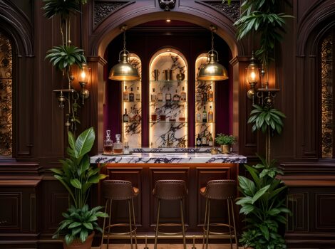 calacatta viola marble countertop in a bar design and calacatta viola backsplash and plants in a speakeasy inspired design