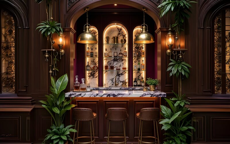 calacatta viola marble countertop in a bar design and calacatta viola backsplash and plants in a speakeasy inspired design