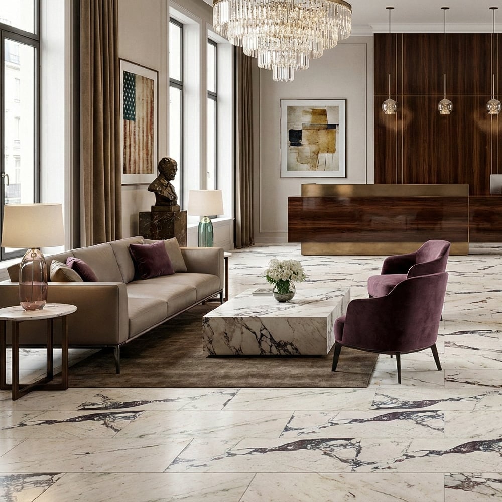 Calacatta viola marble floor tile in large format polished finish across luxury hotel lobby with deep burgundy veining, calacatta viola marble coffee table, crystal chandelier, dark walnut reception desk with brass trim and purple velvet accent chairs