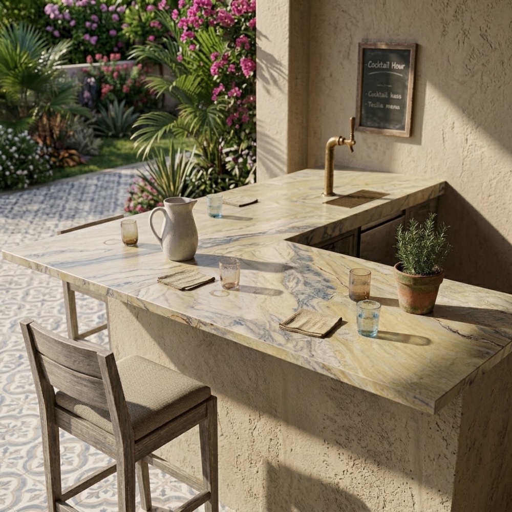 Outdoor kitchen bar with an Artemis marble slab countertop in Pompano Beach patio.