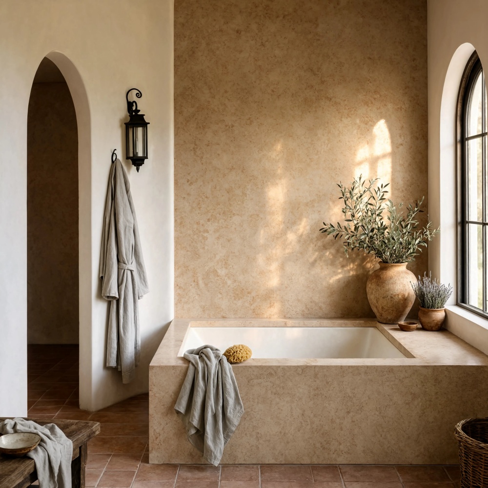Beige Desert marble slab bathtub surround in Pompano Beach bathroom.