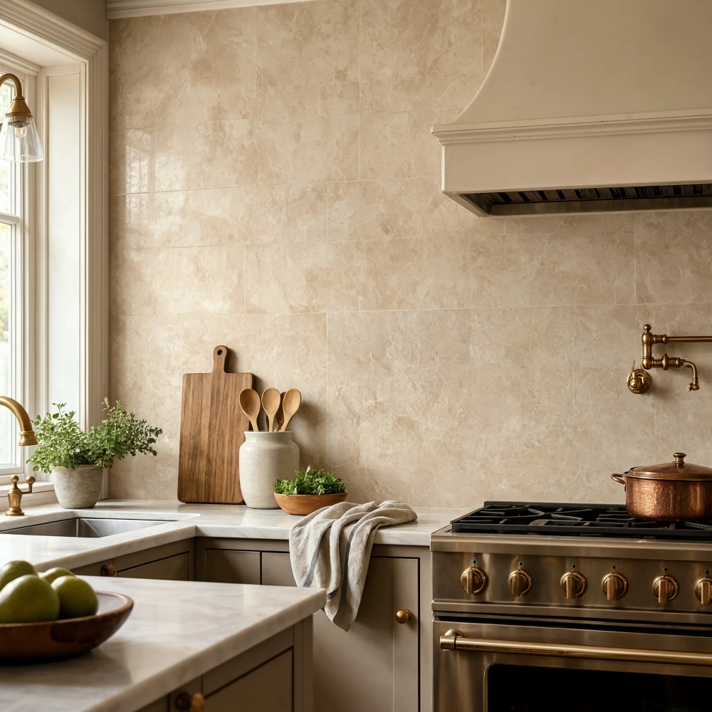 Beige polished marble tile backsplash in an elegant Fairfax kitchen.
