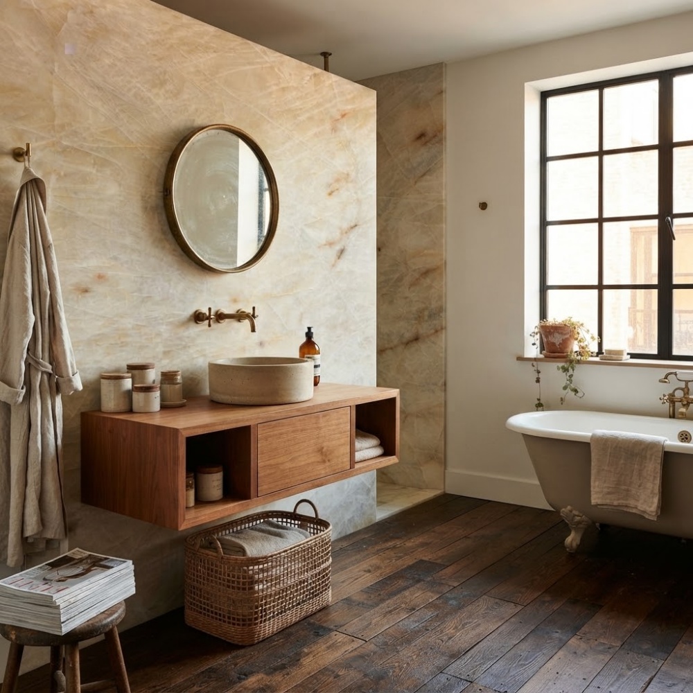Brooklyn brownstone bathroom design featuring a beige polished quartzite slab accent wall.