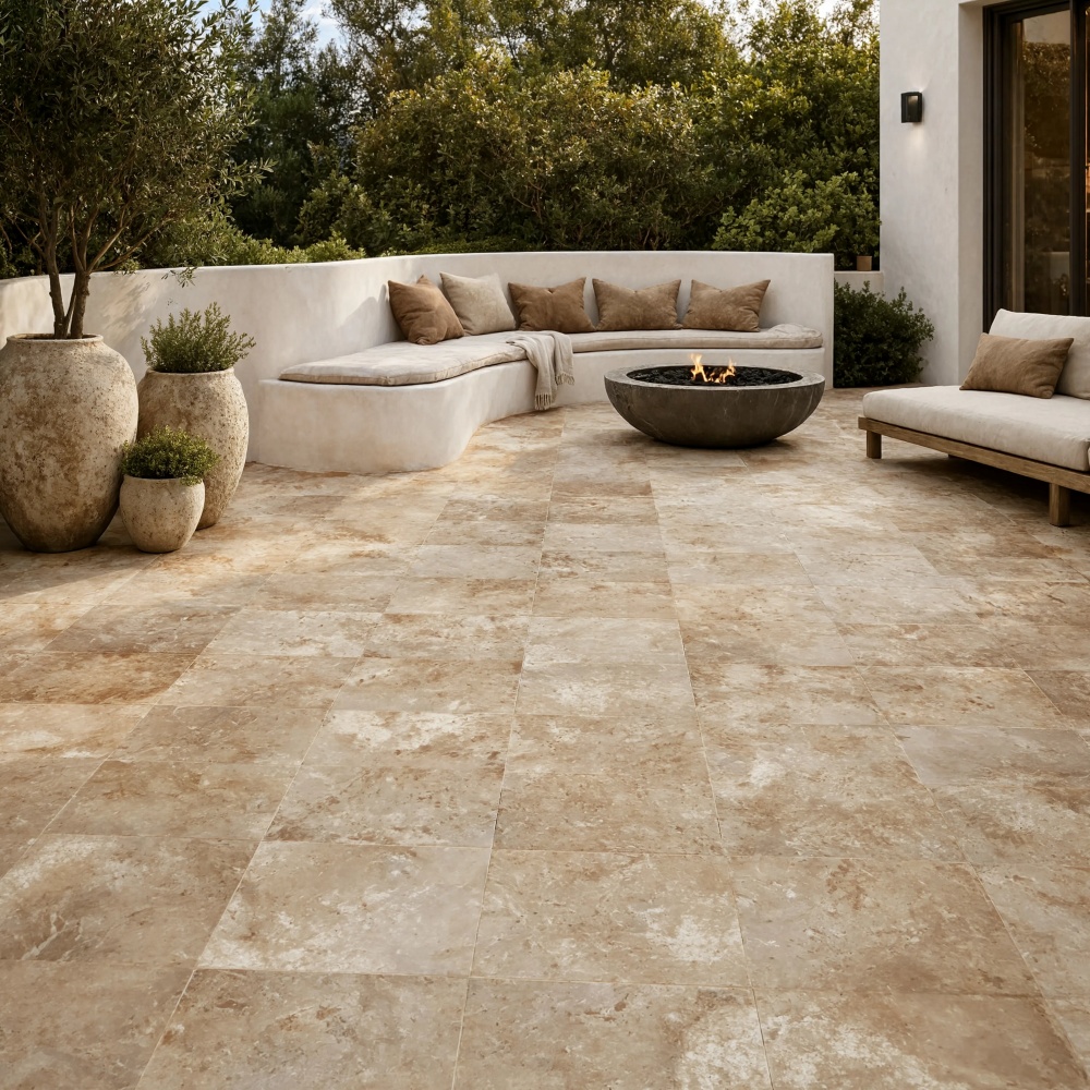 Beige travertine tile flooring on an outdoor patio in Fairfax.