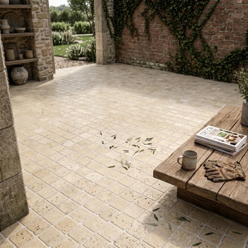 Ivory Travertine pavers on a rustic Fairfax outdoor patio.