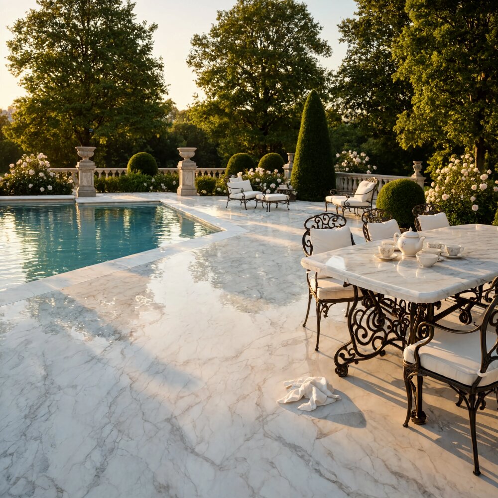 Bianco Supreme white marble slab pool deck and outdoor dining table in a Pompano Beach estate patio.