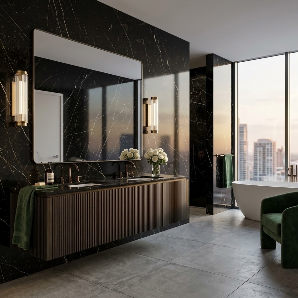 Brickell condo bathroom featuring large format black marble wall slabs.