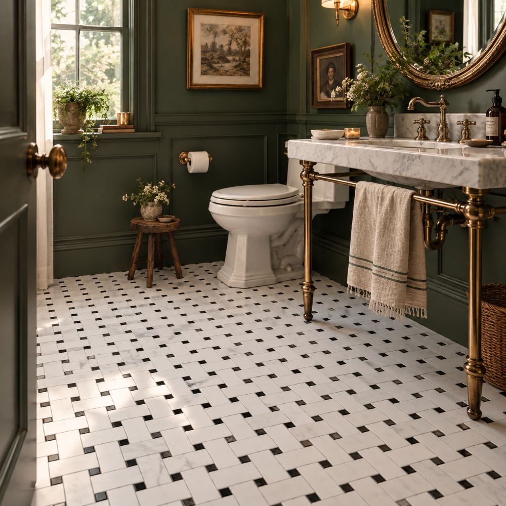 Black and white basketweave marble mosaic floor in a powder room