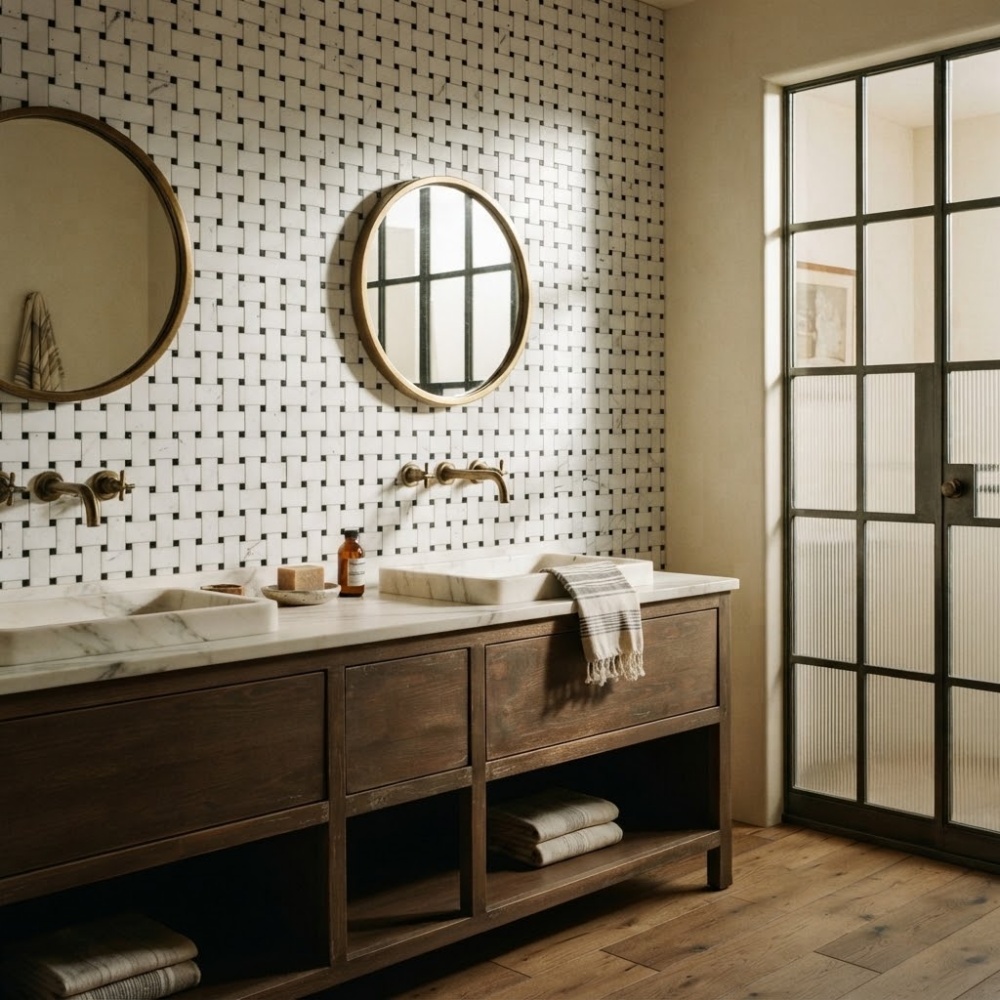 Black and white basketweave marble mosaic tile on a bathroom wall.