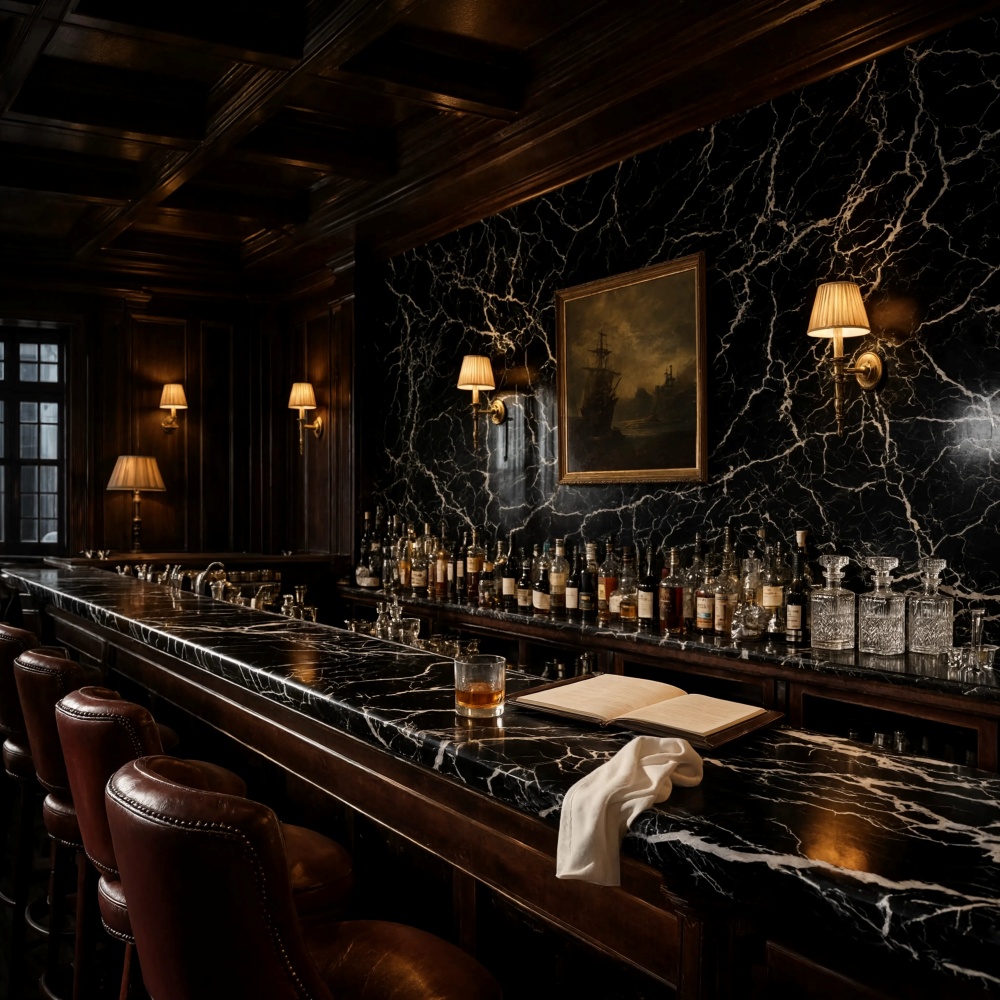 Black Marquina marble slab bar counter in a Pompano Beach home bar.