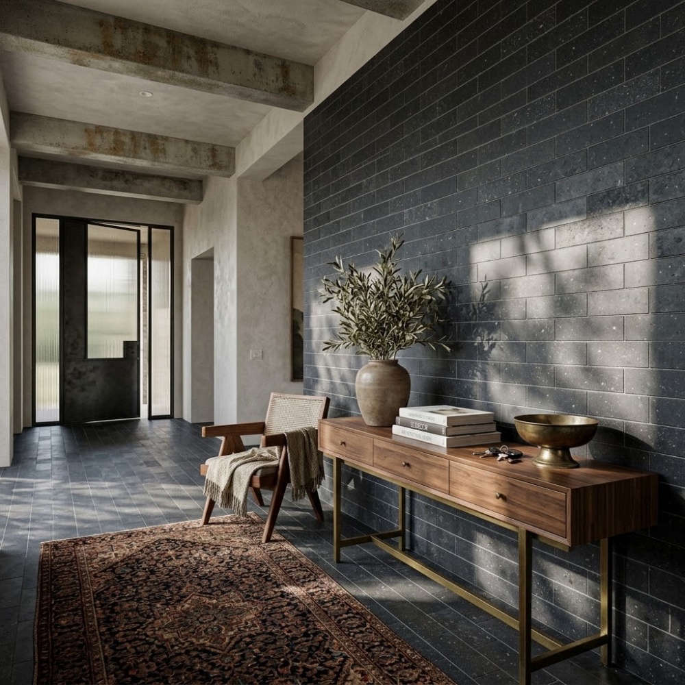 Dark blue limestone subway tile in a modern Fairfax entryway.
