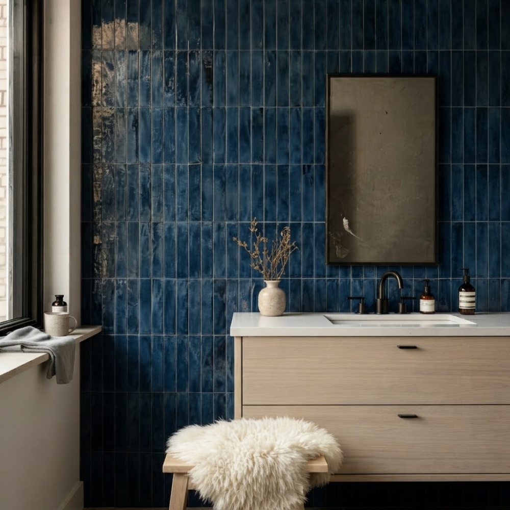 Classic Brooklyn brownstone bathroom with blue subway porcelain tiles.