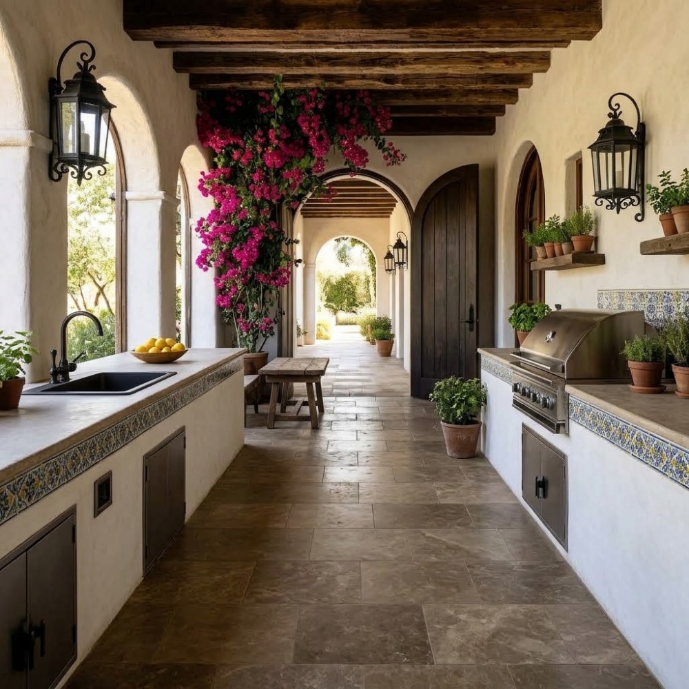 Brown limestone tile flooring in a Fairfax outdoor kitchen.