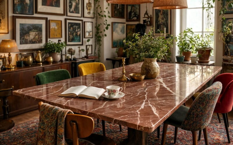 Red polished marble slab dining table in an elegant Pompano Beach coastal home interior.