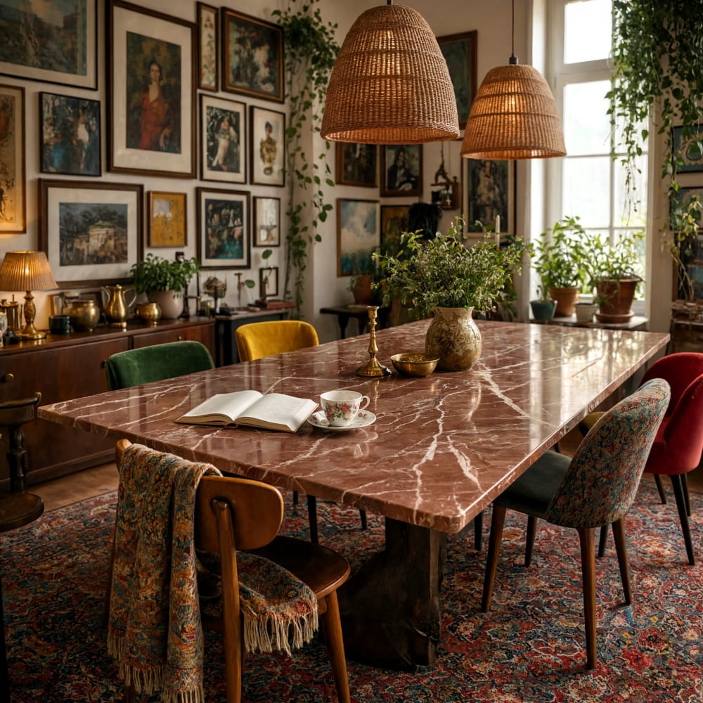 Red polished marble slab dining table in an elegant Pompano Beach coastal home interior.