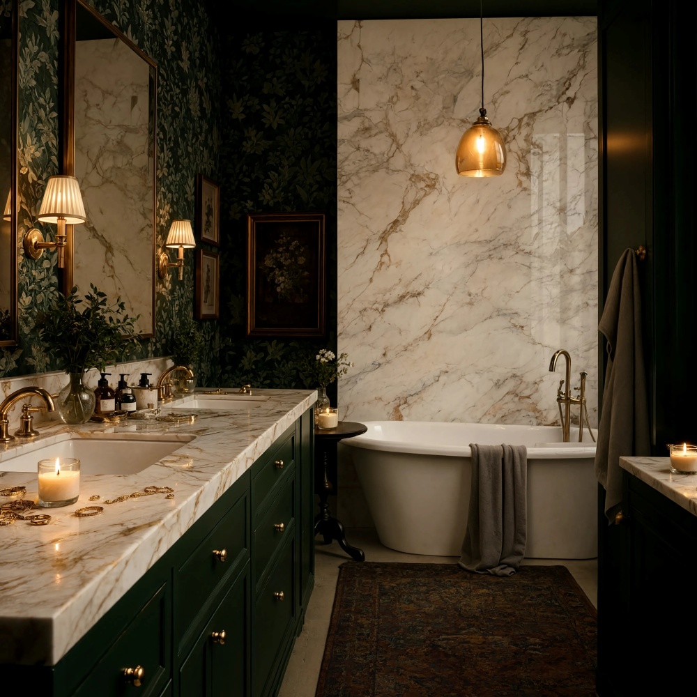 Calacatta Cremo Classic marble slab feature wall and matching vanity countertop in a luxury Pompano Beach bathroom.