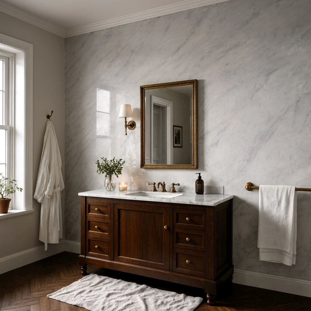 Brooklyn brownstone bathroom design featuring Calacatta marble wall.