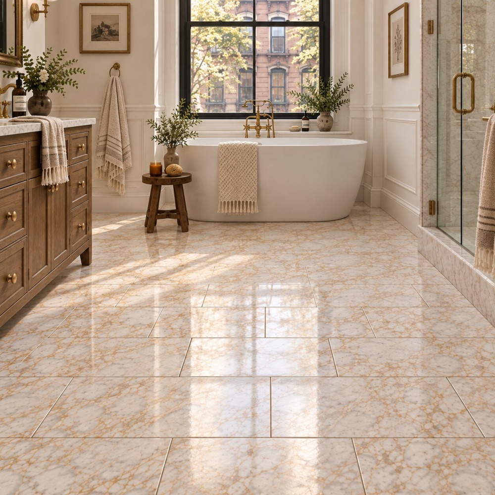 Brooklyn brownstone bathroom design featuring Calacatta gold honed marble floor tiles.