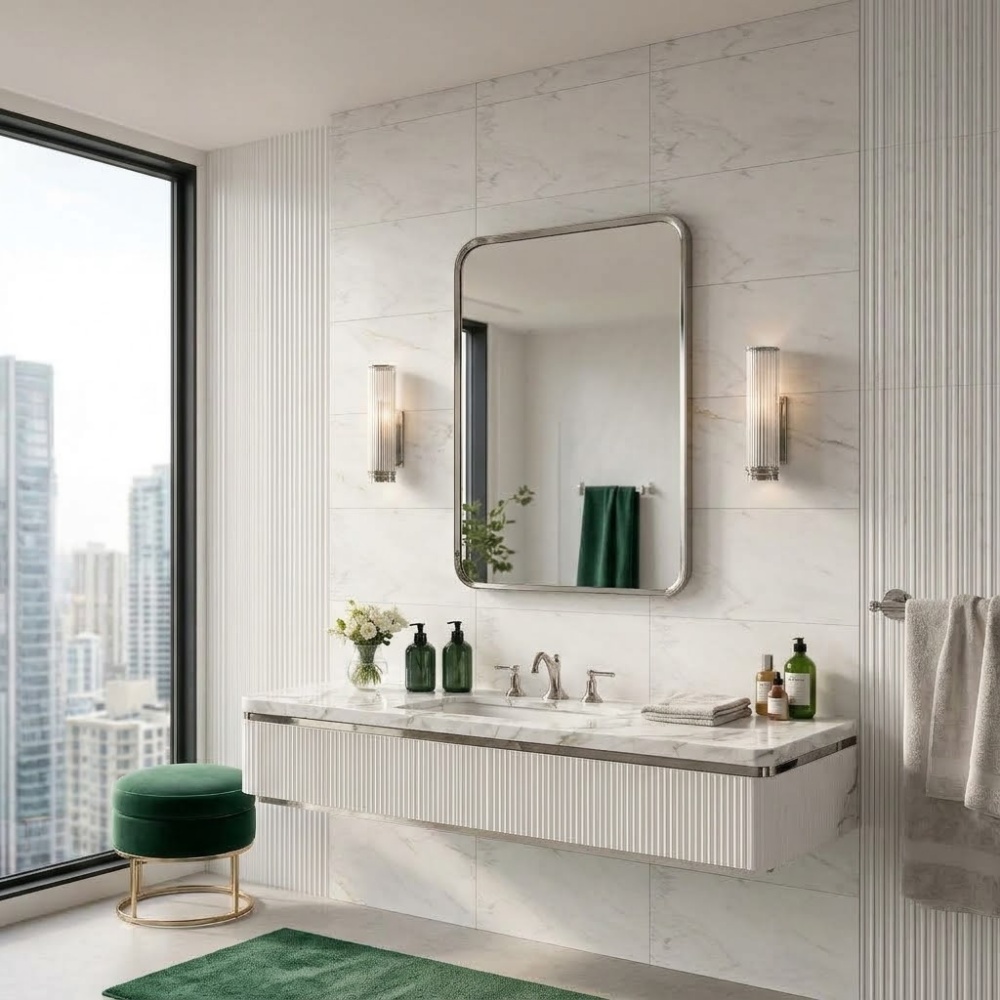 Brickell condo bathroom with Calacatta honed marble wall tiles.