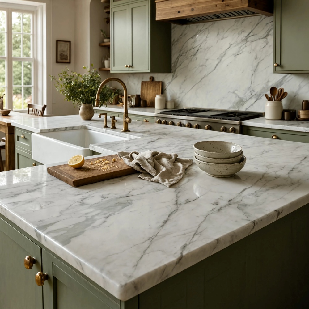 Calacatta White marble slab countertop and matching backsplash in a sage green Pompano Beach kitchen.