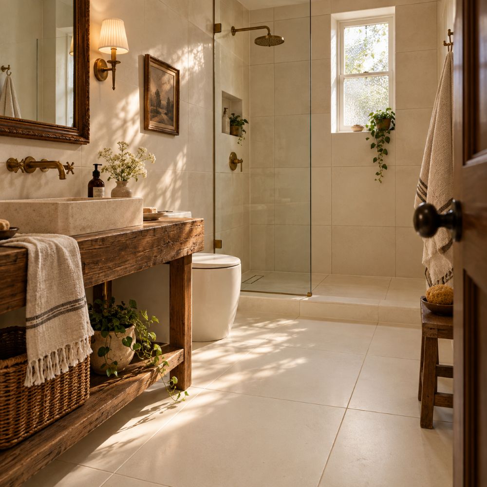 Honed cream limestone tile on the floor and walls of a bathroom in new jersey.