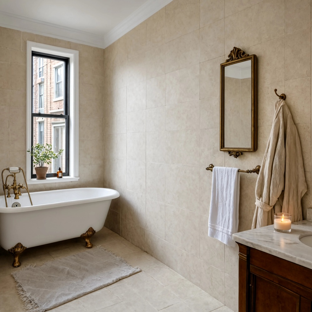 Brooklyn brownstone bathroom design featuring champagne limestone wall tiles.