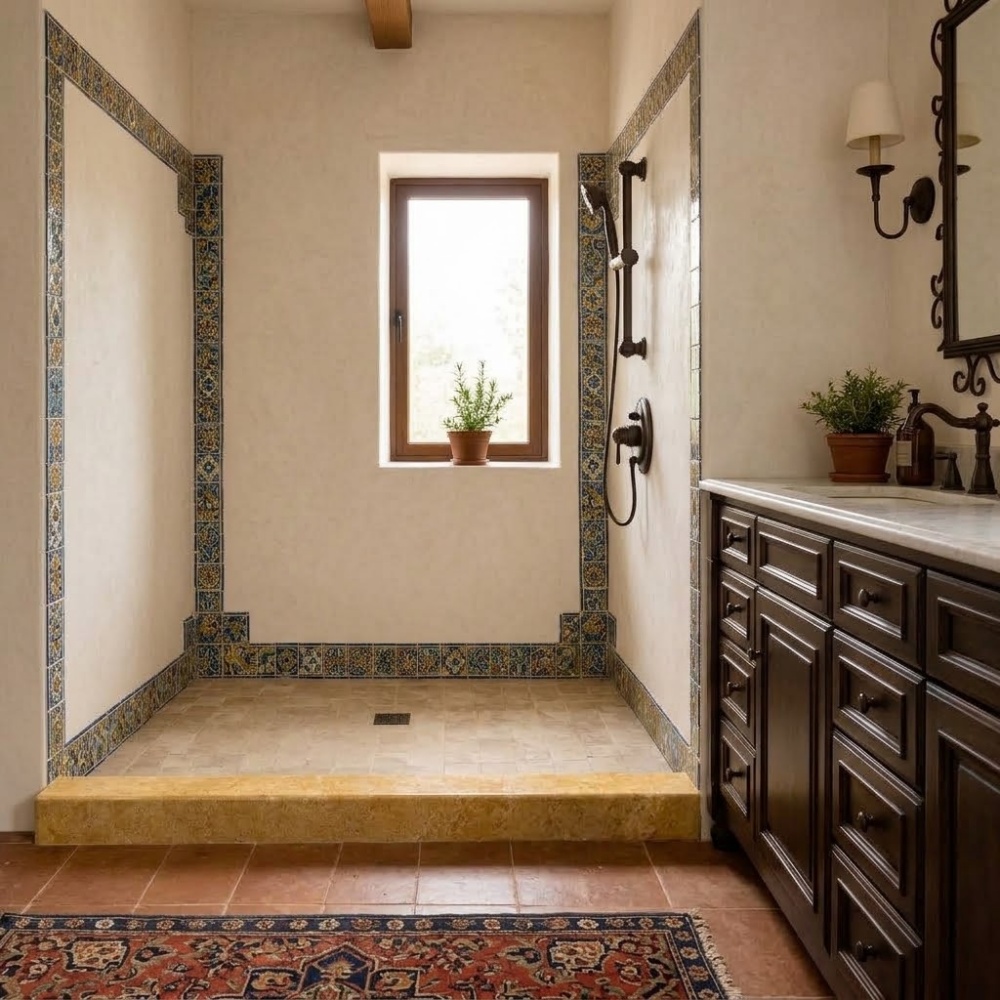 Golden honed travertine shower threshold in a Fairfax bathroom.