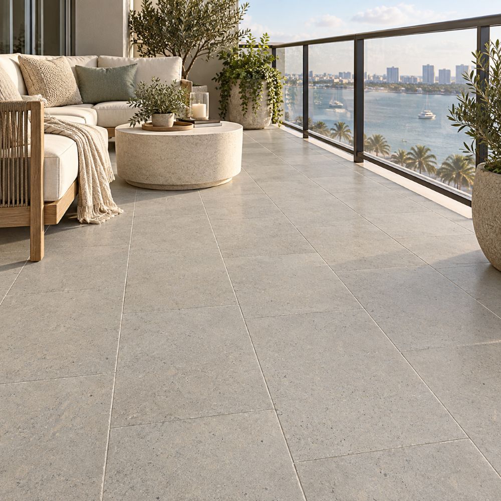 Limestone pavers on a condo balcony