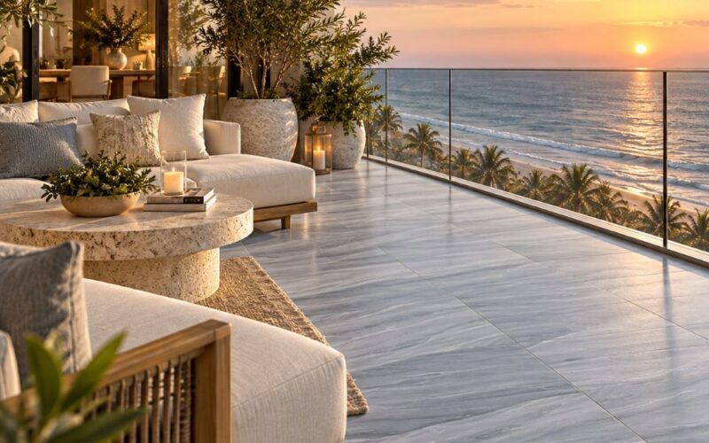 Bardiglio Royal textured gray marble tile on an oceanfront condo balcony.