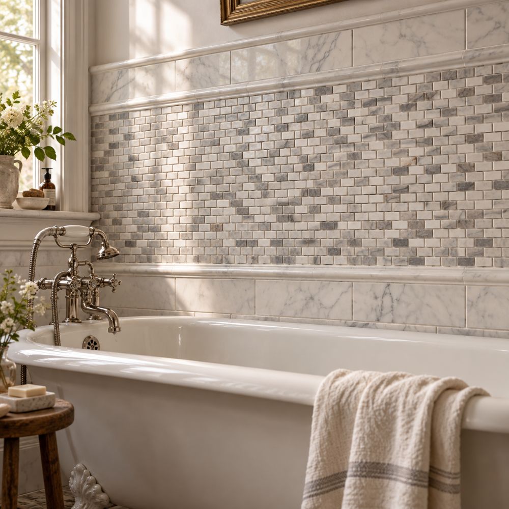 Bathroom renovation with a polished marble mosaic band behind a tub in a Bergen County Colonial
